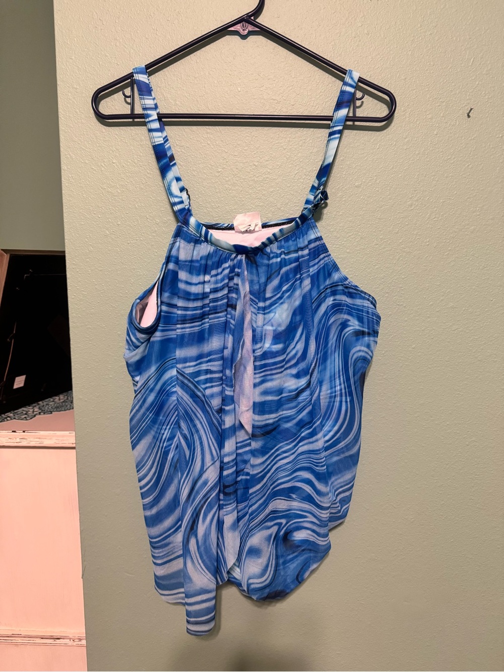Blue Marble Print Women's Swim Tankini Top
